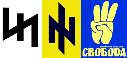(Left) "Wolfsangel" or "Wolf-hook" heraldic symbol used by the Nazi Waffen-SS during World War II. (Middle) The Nazi inspired logo of the Social-National Party of Ukraine. (Right) In 2004 the Social-National Party of Ukraine changed its name to Svoboda ("Freedom"), and replaced its neo-Nazi flag with a blue and yellow banner.