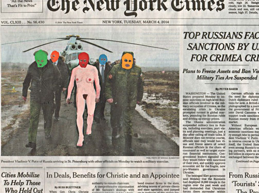 Untitled - Fred Tomaselli. 2014. Collage using a cover of the New York Times. Tomaselli contributed the use of the collage to the Artists Support Ukraine website.