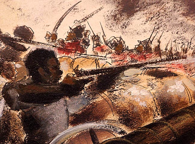 "The Civil War and the Role of the Black Soldier: Full Scale Battle" (Detail) - Edward Biberman. Pastel and oil paint on paper. Preparatory study for a mural never created. Circa 1938.