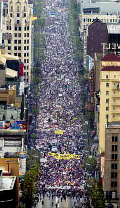 On Feb. 15, 2003 an estimated 100,000 antiwar protestors marched down Hollywood Blvd. in opposition to the impending U.S. war on Iraq. Photo by AP photographer Mark J. Terrill.