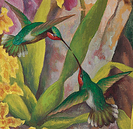 Detail of hummingbirds from Diego Rivera’s remarkable 1947 oil painting, "Portrait of Linda Christian."