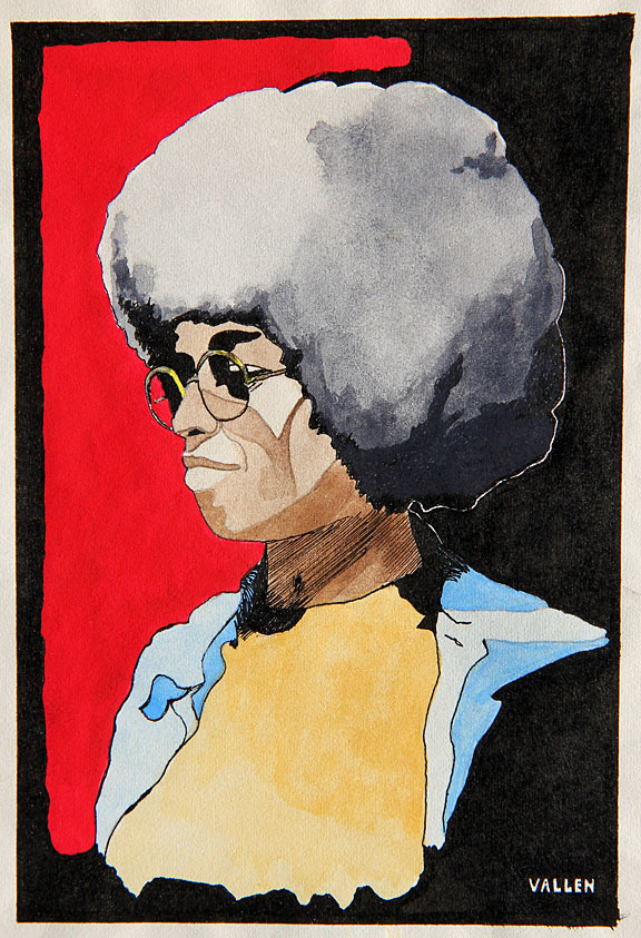 "Angela Davis" - Mark Vallen 1969 © Pen and ink, watercolor on paper. 5 x 7 inches.  Never before published.