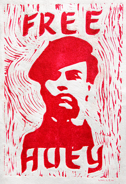 "Free Huey" - Mark Vallen 1968 © Color linoleum print. 6 x 8 inches.