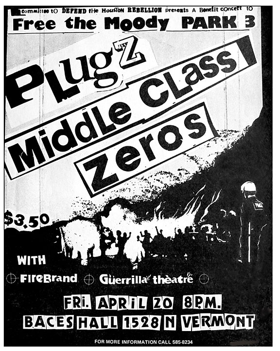 Punk concert flyer - Mark Vallen 1978 ©. Benefit concert held at Baces Hall in Hollywood, California with the Plugz, Middle Class, and Zeros.