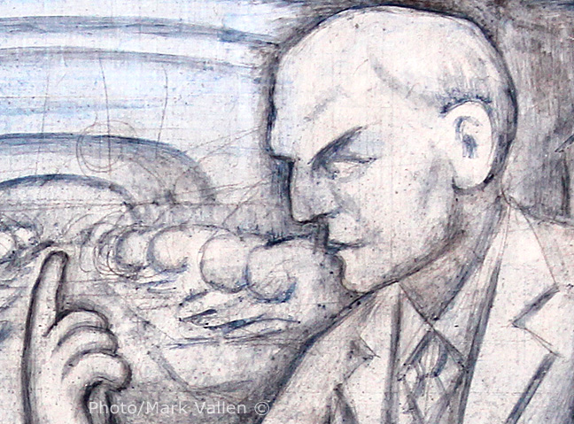 A close-up view of Henry Ford reveals how quickly Rivera worked on these panels. Beneath the deftly applied washes of water-based pigments one can see the charcoal outlines of the original sketch on wet plaster.