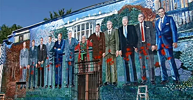 Karlísima's defaced "Presidential Mural." Video screen capture from Channel 4 NBC Washington.