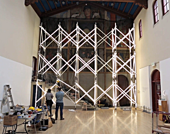 Alejandro Almanza Pereda's scaffold shown during its construction. Screen grab from the SFIA short film, "Change the World or Go Home."