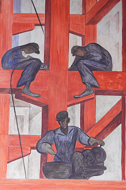 In this mural detail Diego Rivera depicted steel workers constructing a modern skyscraper. Photo/Mark Vallen © 2011.