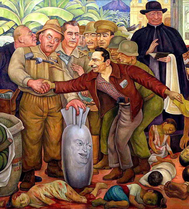 Detail from Rivera's "Gloriosa Victoria." U.S. Secretary of State, John Foster Dulles clutches a bomb that bears the face of U.S. President, Dwight D. Eisenhower.
