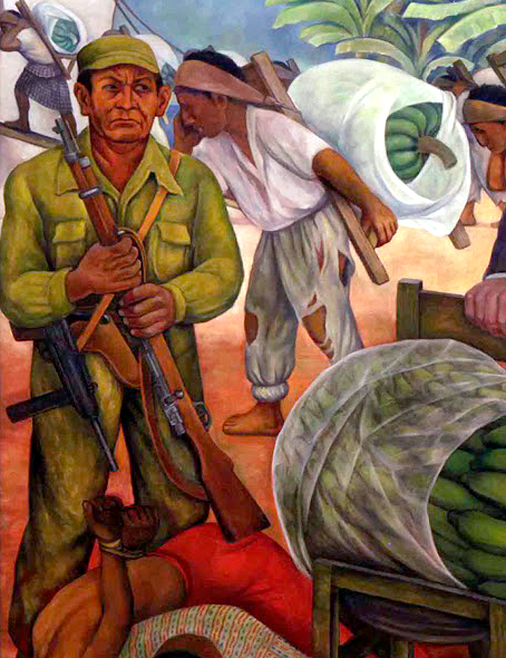 Detail from Rivera's "Gloriosa Victoria." A heavily armed soldier from the U.S. backed coup, watches indigenous Maya working for the neocolonial American corporation, the United Fruit Company.