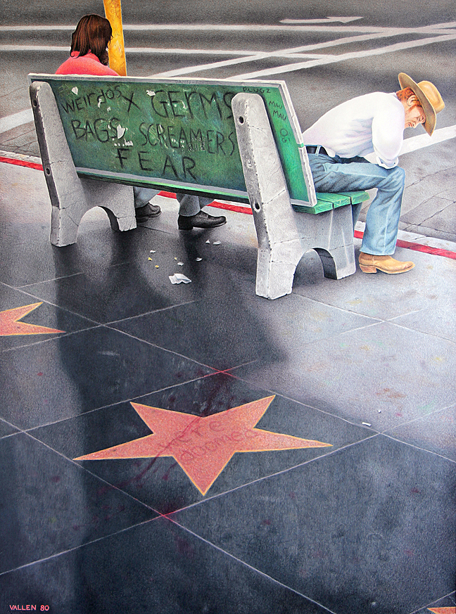 "Hollywood Blvd., We're Doomed" - Mark Vallen 1980 ©. Color pencil on paper 22"x29" inches. "The decaying urban landscape of Tinseltown in the late 1970s, before it was transformed by waves of gentrification that began in the 1990s."