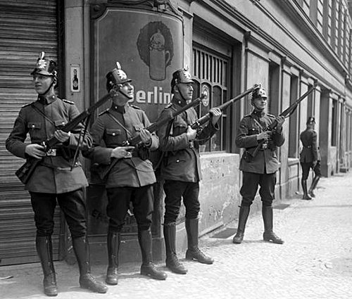 May 1, 1929. Bloody May. Historic photo of Berlin police with bolt-action Mauser 98 rifles patrolling the streets. Photographer unknown.