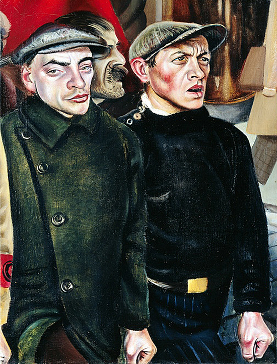 "Demonstration." Curt Querner, oil painting 1930. The artist (in blue) depicted himself marching in a communist demonstration with fellow artist Wilhelm Dodel. Babylon Berlin brought paintings like this to life.