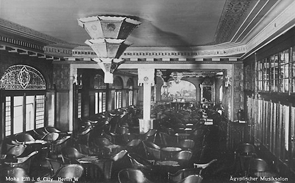 This historic photo is an interior shot of the real Moka Efti, showing the nightclub's Egyptian Music Salon in 1930. Photographer unknown.