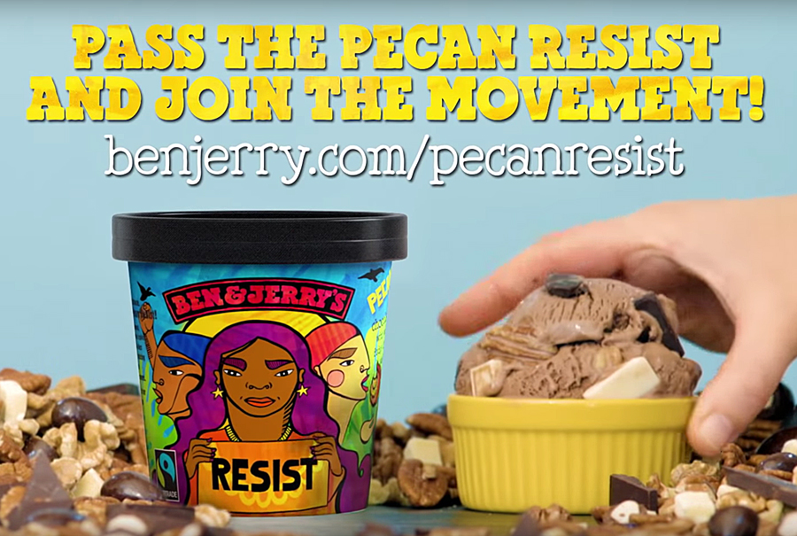 Screen shot from Ben & Jerry's "Pecan Resist" video advertisement, featuring package design by Favianna Rodriquez.