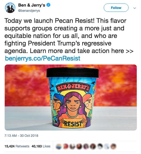 Oct. 30, 2018 Twitter post announcing Ben & Jerry's launch of "Pecan Resist."