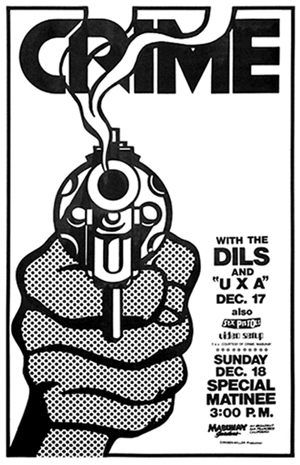 Poster announcing Dec., 1977 concert with CRIME, Dils, and UXA at Mabuhay Gardens, San Francisco. Artist/James Stark.