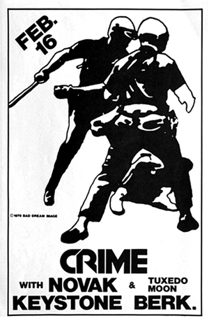Poster announcing Feb. 16, 1978 concert with CRIME, Novak, and Tuxedo Moon at The Keystone in Berkeley, California. Artist unknown.