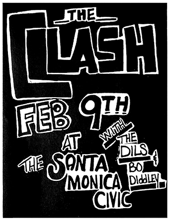 Handbill announcing the Clash, Bo Diddley, and the Dils at the Santa Monica Civic Auditorium, Feb. 9, 1978. 