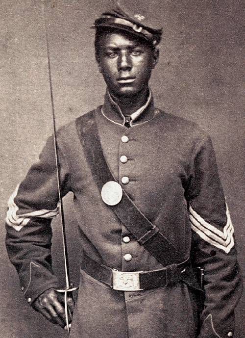 Andrew Jackson Smith of the 55th Massachusetts Colored Infantry. Smith was promoted to Color Sergeant before his discharge in 1865. He is shown here in his Union army uniform with Sergeant stripes. Source: Shiloh National Military Park.