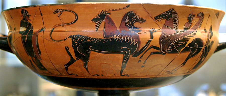 “Chimaera fighting Bellerophon.” Ceramic cup, circa 575 BC. The black-figure style painting was created by the ancient Athenian artist today known as the “Heidelberg Painter.” Bellerophon was a hero monster slayer who captured and rode the winged horse named Pegasus.