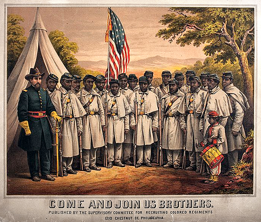 “Come and Join Us Brothers.” January 1, 1865. Artist unknown. In Philadelphia the Supervisory Committee for Recruiting Colored Regiments issued this recruitment poster. Black recruits would be assigned to the Union army’s “United States Colored Troops” (USCT) regiments, which had the motto Sic Semper Tyrannis (Thus always to tyrants). 