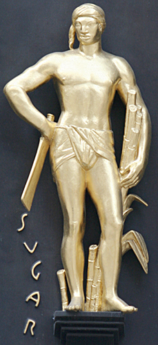 Bronze figure gilded in gold representing sugar production in India. From “Industries of the British Empire” by Carl Paul Jennewein, 1933.
