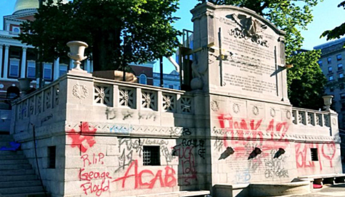 Memorial to Robert Gould Shaw and the Massachusetts Fifty-Fourth Regiment, defaced with BLM graffiti, May 31, 2020. Source: Twitter