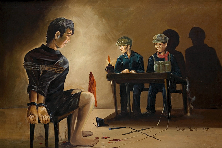 A prisoner interrogated by the Khmer Rouge. Oil painting by Cambodian artist Vann Nath. The painting is in the Tuoi Sleng Genocide Museum collection