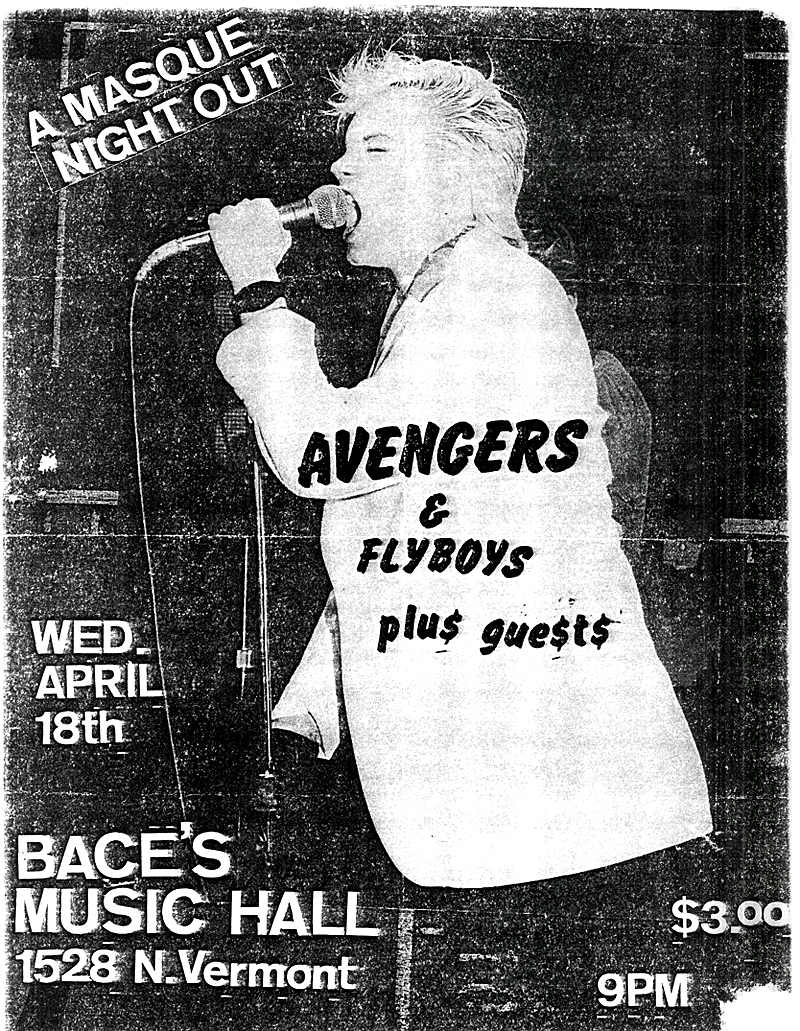“Avengers, Flyboys, Go-Go’s.” 1978 xerox flyer for punk concert at BACES Hall, Hollywood, California. Collection of Mark Vallen.