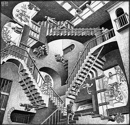“Relativity.” Lithograph. M.C. Escher. 1953.